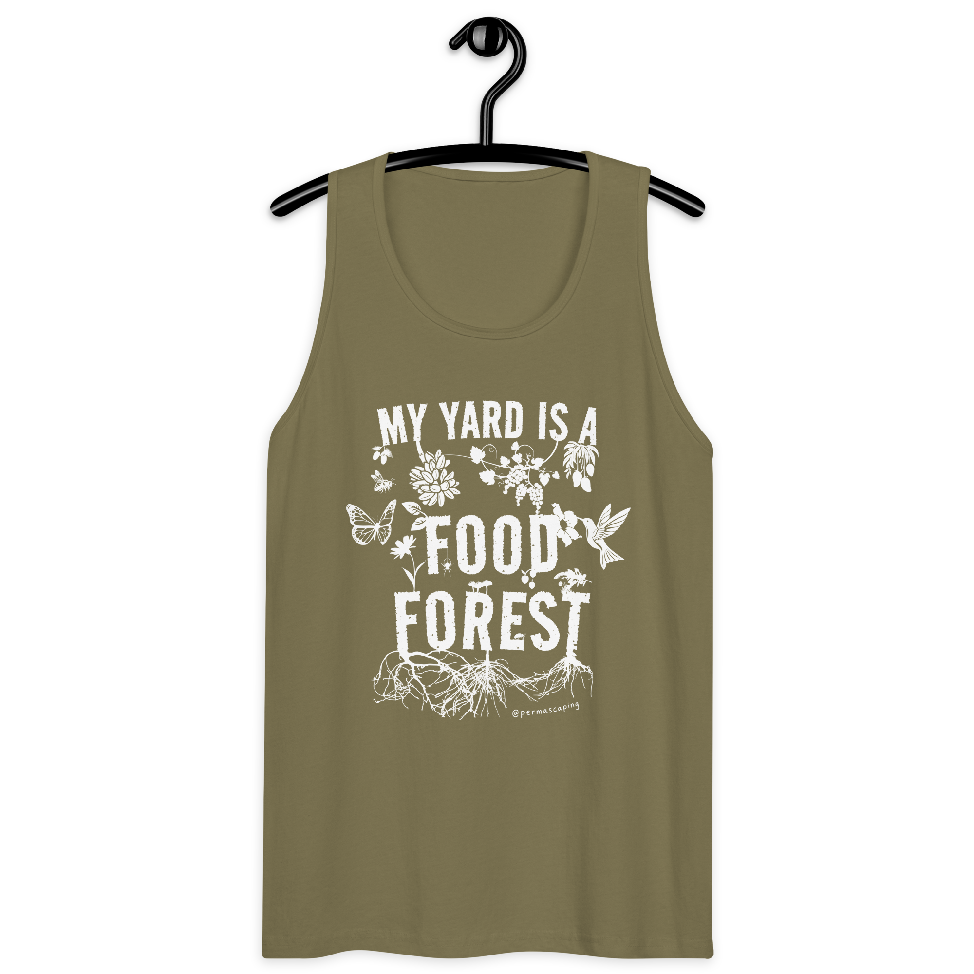 MY YARD IS A FOOD FOREST men’s tank in Military Green — Front view
