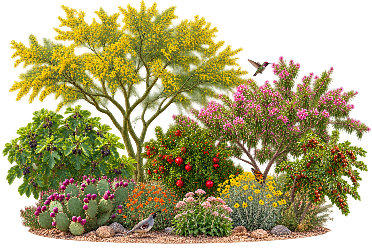 A desert planting guild with flowering palo verde and desert willow, fruiting fig, pomegranate and jujube, native flowers, prickly pear, hummingbird, butterfly, and Gambel’s quail