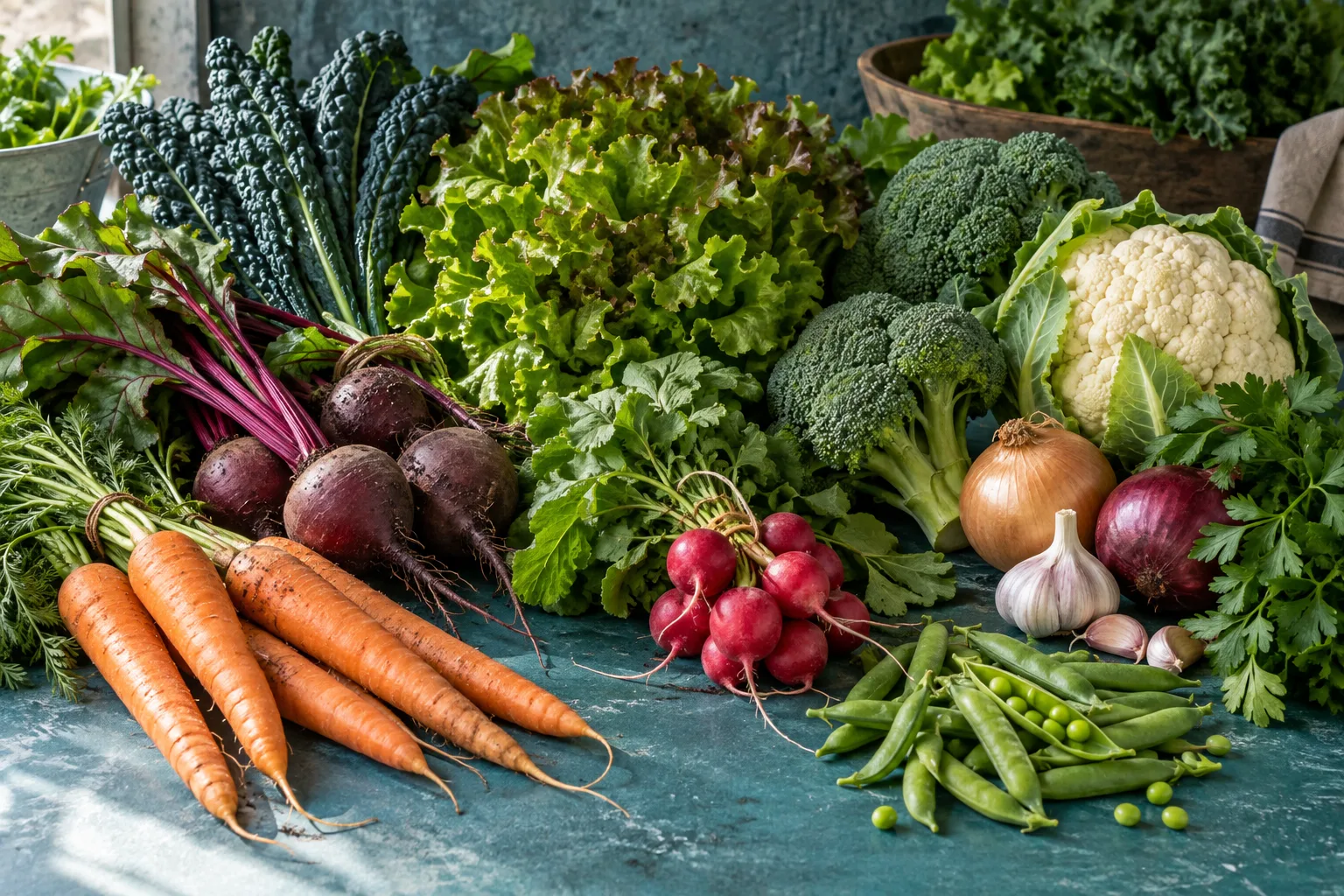 Assorted cool-season vegetables and herbs